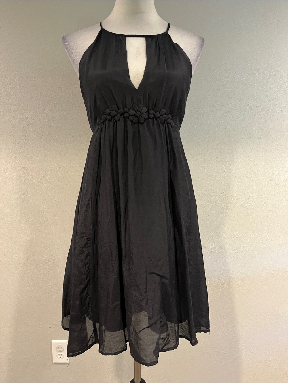 Poetry Clothing Black Halter Neck silk Floral Waist Mini Dress size small